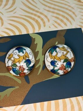💙 Vintage Chinese Floral Cloisonné Round Clip-On Earrings 💙